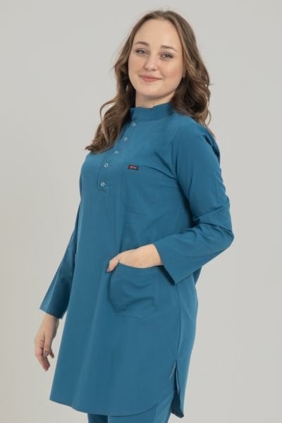 Petrol Mavi Likralı Tesettür Tek Üst