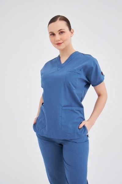 İndigo Mavi Terikoton Cerrahi Tek Üst