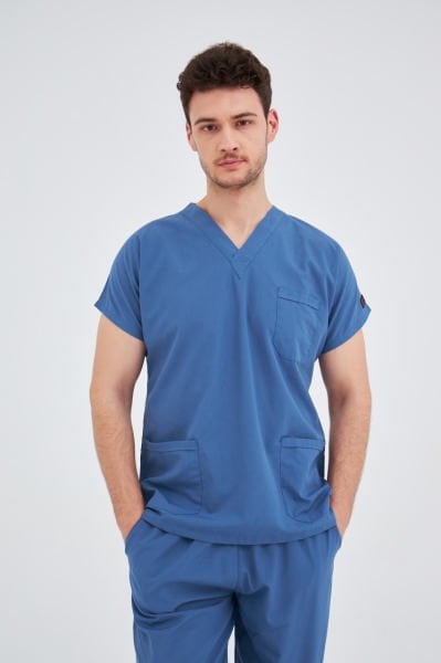 İndigo Mavi Terikoton Cerrahi Tek Üst