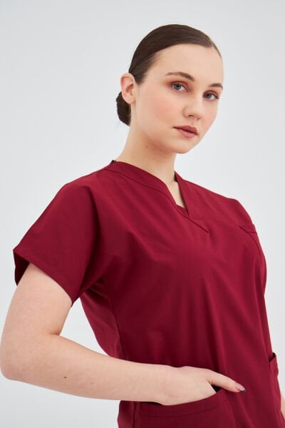 Bordo Likralı Cerrahi Tek Üst